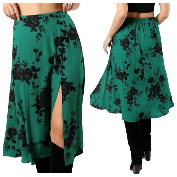 Band of the Free Etta Floral Midi Skirt Front Slit Emerald Black Size Large New - Picture 1 of 10